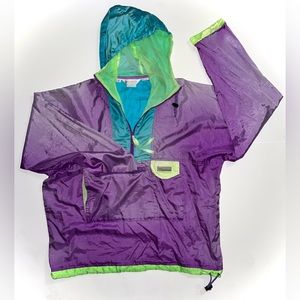 Vintage 1990’s Columbia Windbreaker, Sz M. Purple/ Teal/ Neon Lime Green